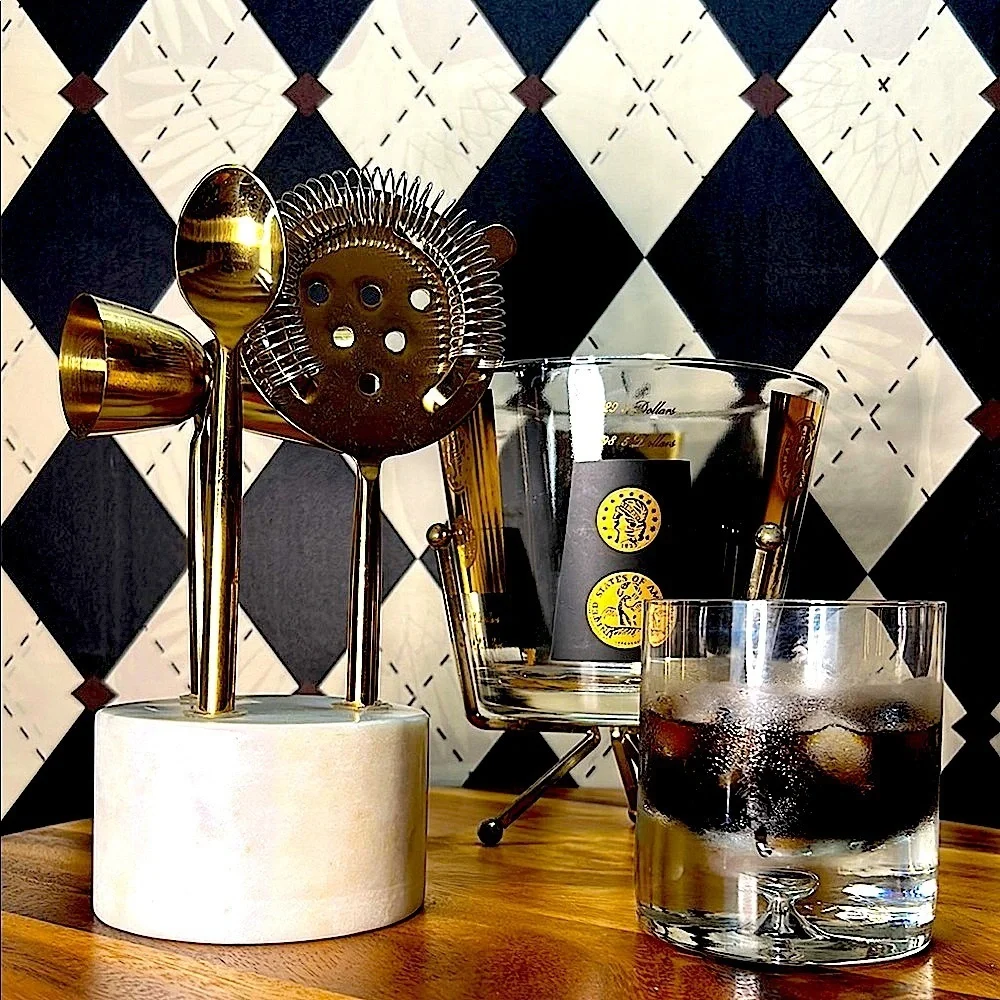 Vintage‎ MCM Cera Glass Ice Bucket with Stand– Gold/Black Coin Design